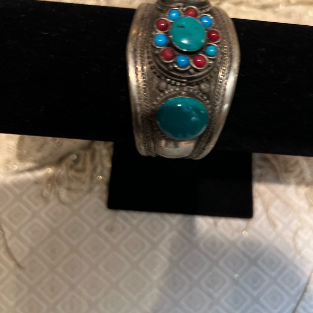 Turquoise and Red Stone Silver Bracelet